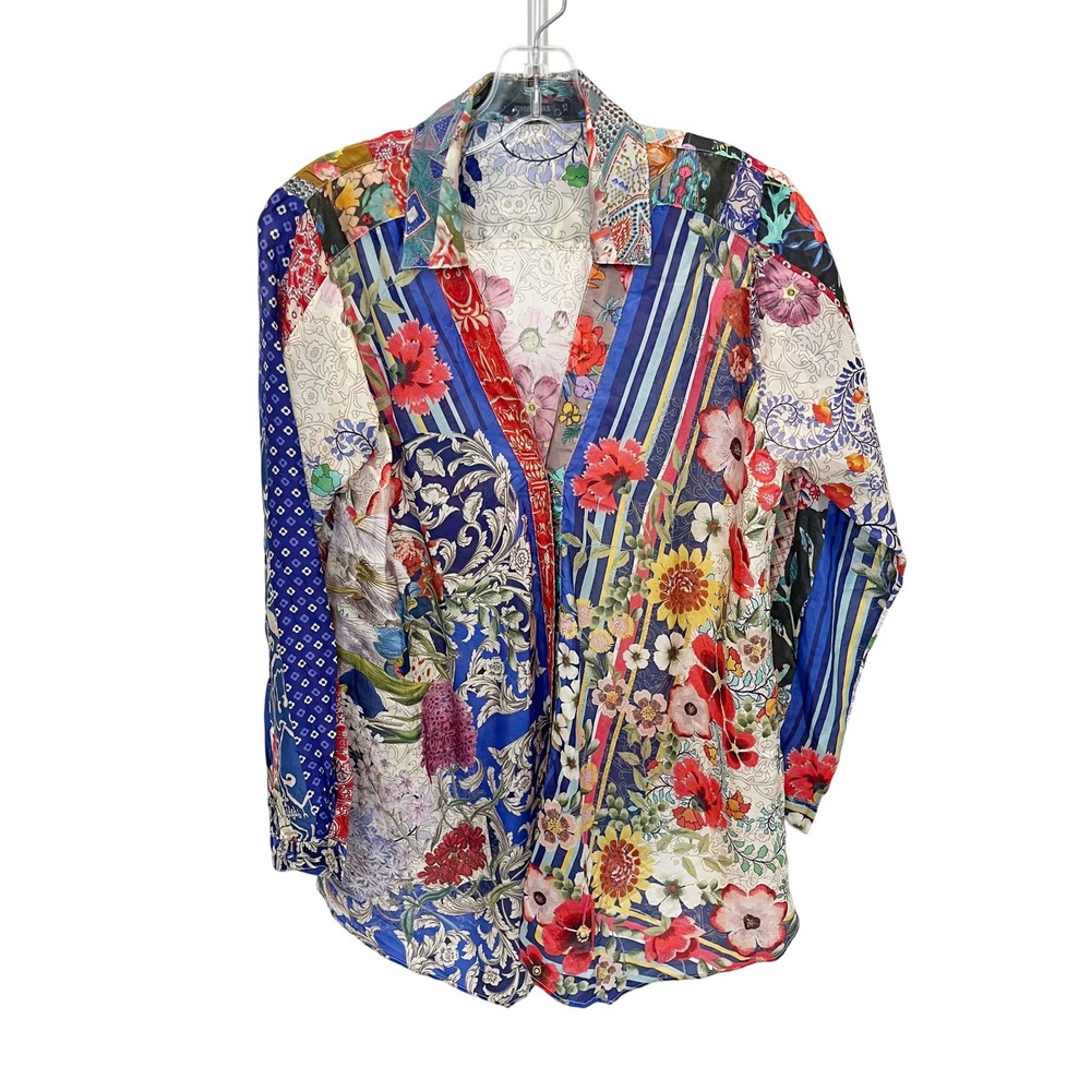 Johnny Was Wild Lillai Silk Patchwork Floral Button Down Shirt Womens XS Boho